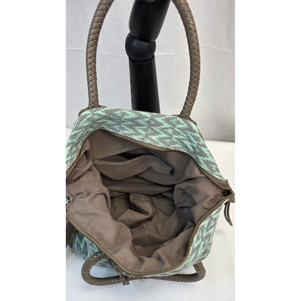 Woven Chevron Satchel Bag Mint Green Grey Braided Handles Crossbody Strap Boho - Picture 5 of 7
